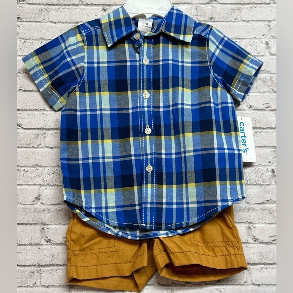 Carter’s Outfit 9 Months Plaid Button Up Shirt Shorts NEW